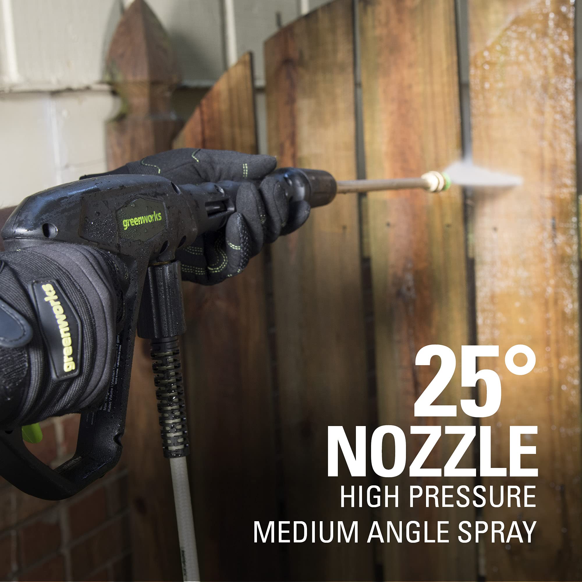 Greenworks soap siphon hose enabling detergent cleaning on demand.