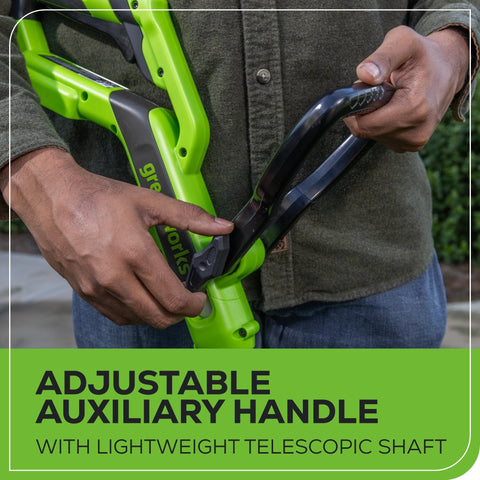 Greenworks telescoping shaft adjusts from 4 ft 8 in to 6 ft 5 in for perfect height.