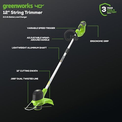 Greenworks 12in commercial trimmer with auto-feed cutting through thick weeds along borders