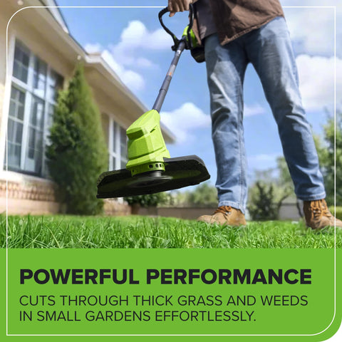 Greenworks trimmer with low vibration for smoother operation.