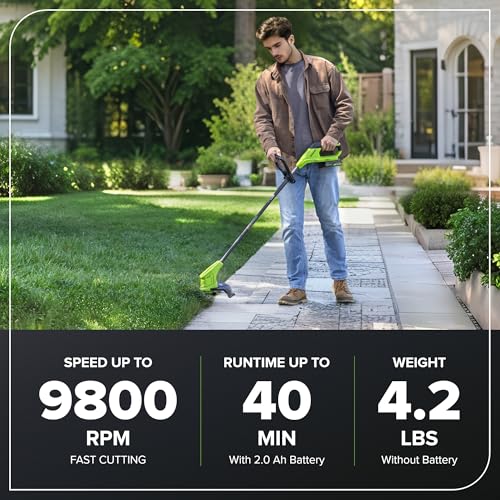 Greenworks trimmer pivoting handle enables comfortable grip at any angle.