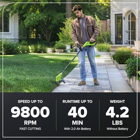 Greenworks trimmer pivoting handle enables comfortable grip at any angle.