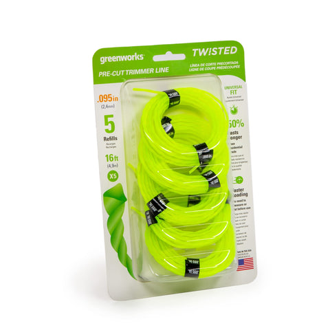 Greenworks twisted trimmer line 0.095 inch in 16-foot coils for fast reloads.