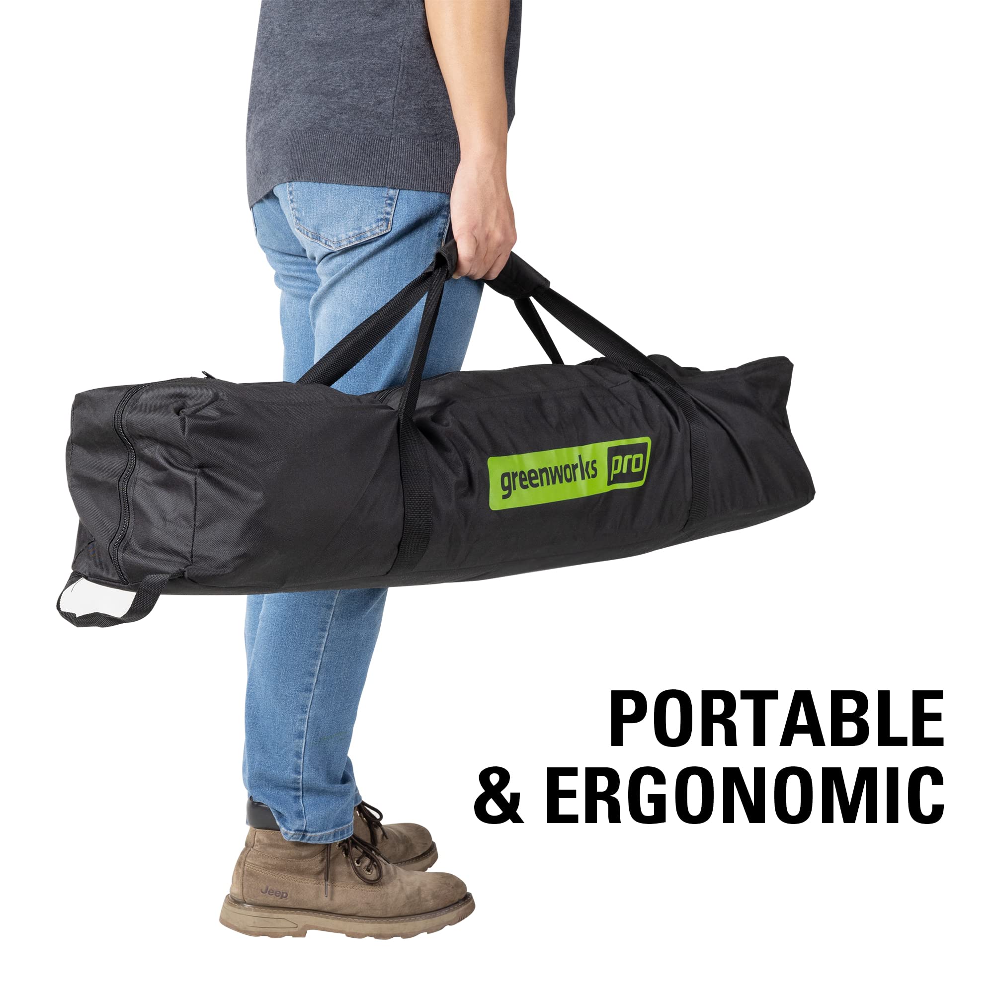 Greenworks carry case protects contents from dust and weather.