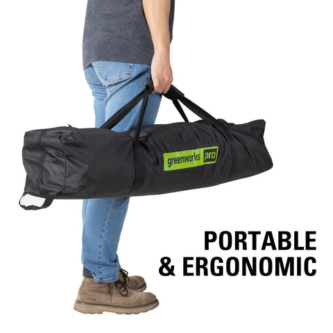 Greenworks carry case protects contents from dust and weather.