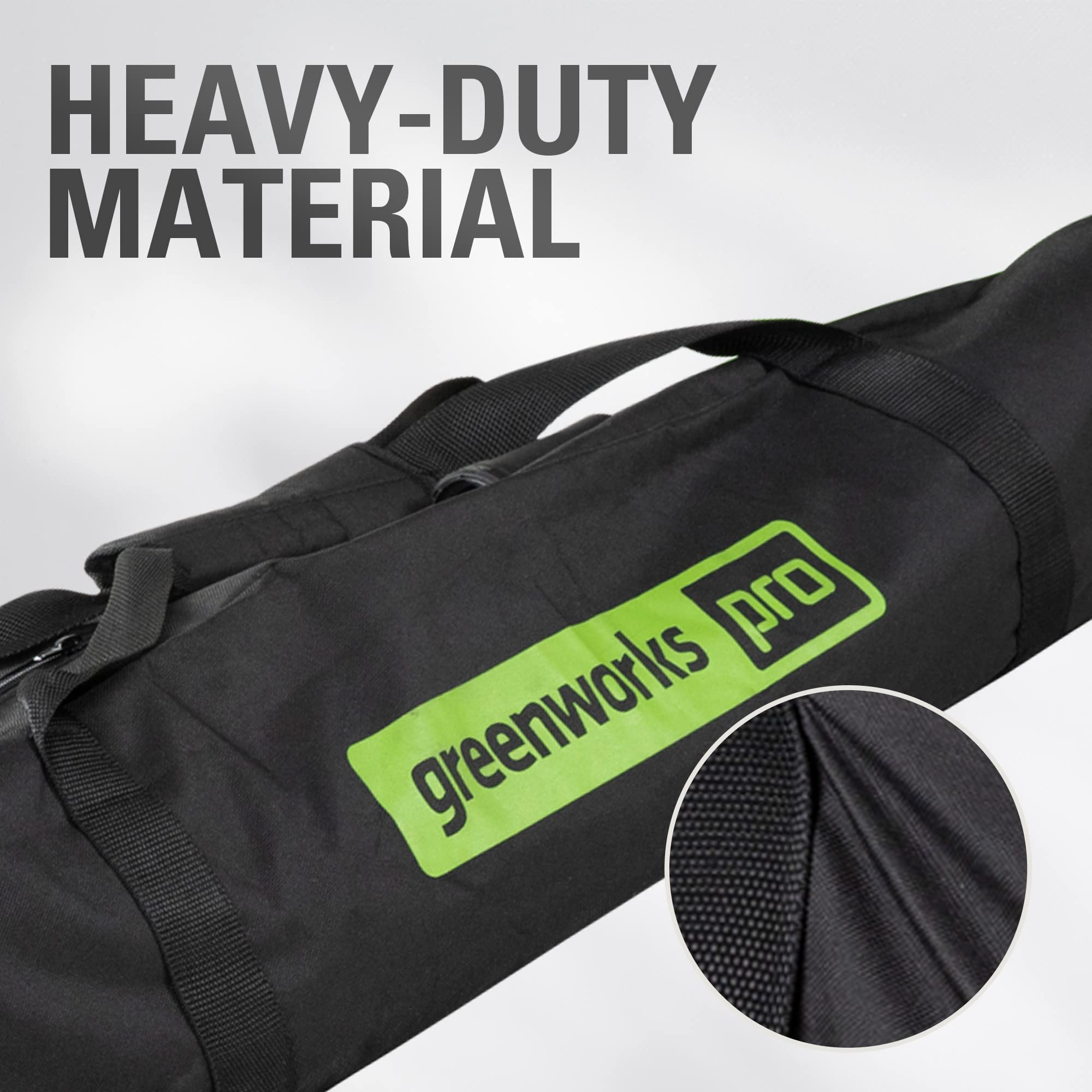 Greenworks carry case with adjustable shoulder strap for comfortable carry.