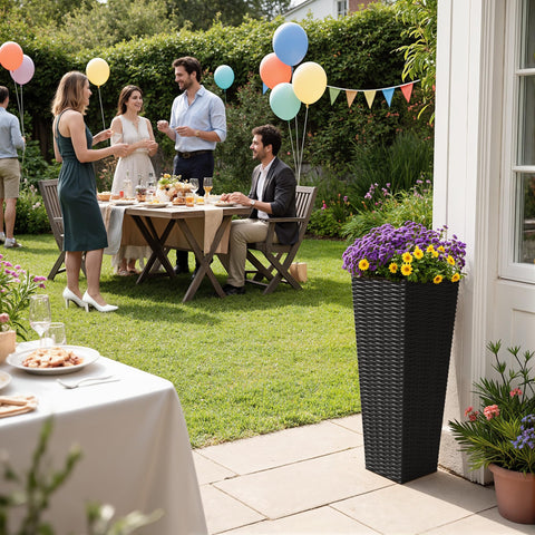 Greesum tall planter with rattan texture, side view, showcasing durable outdoor design.