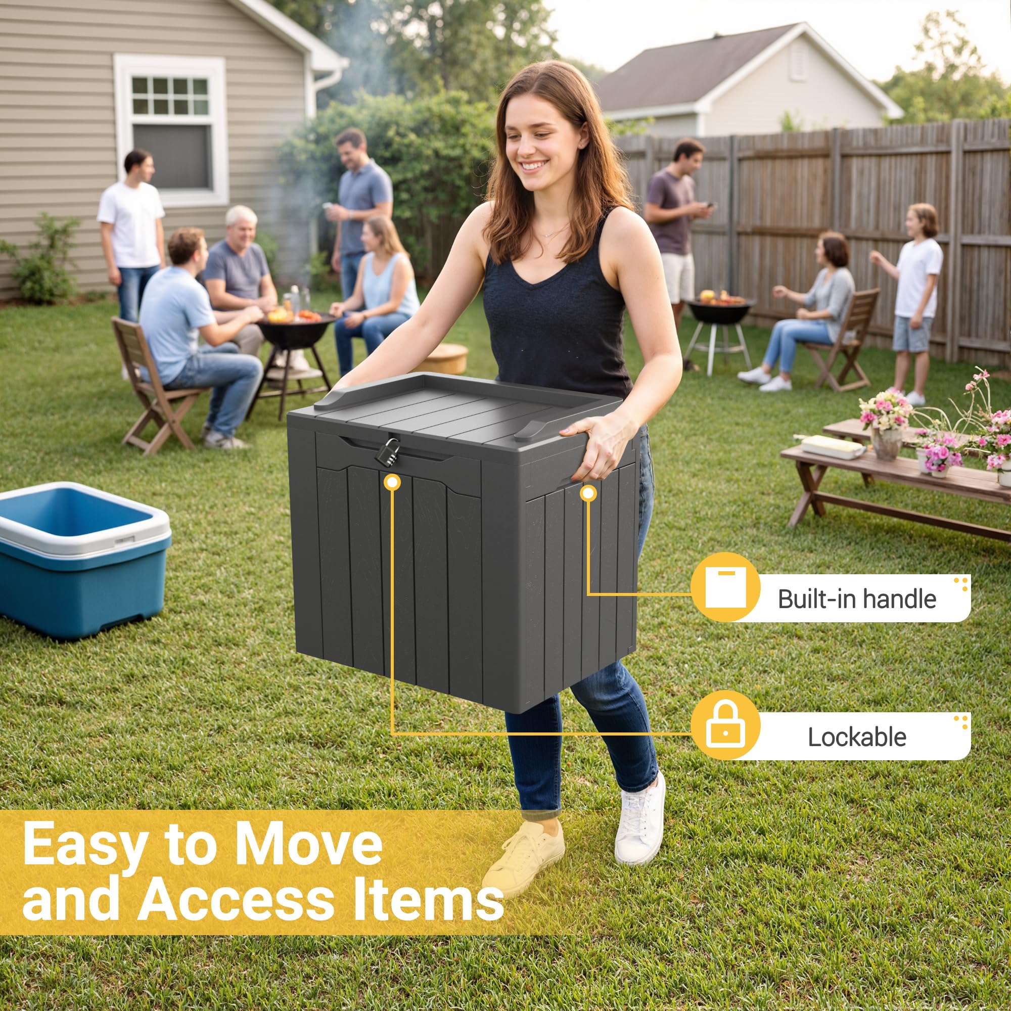 Greesum 31-gallon box in garden helping organize tools.