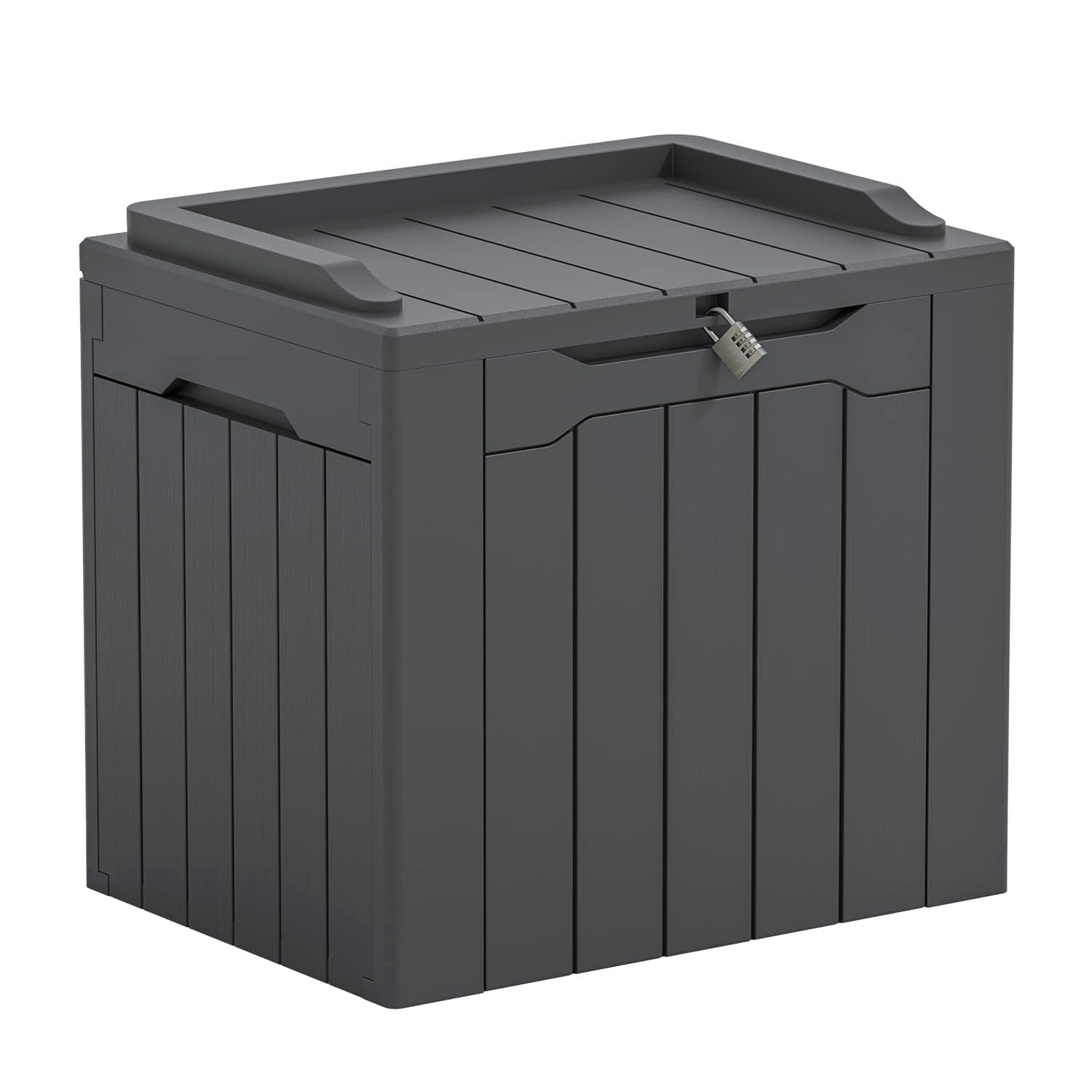 Greesum 31-gallon deck box with lid for weatherproof outdoor storage.