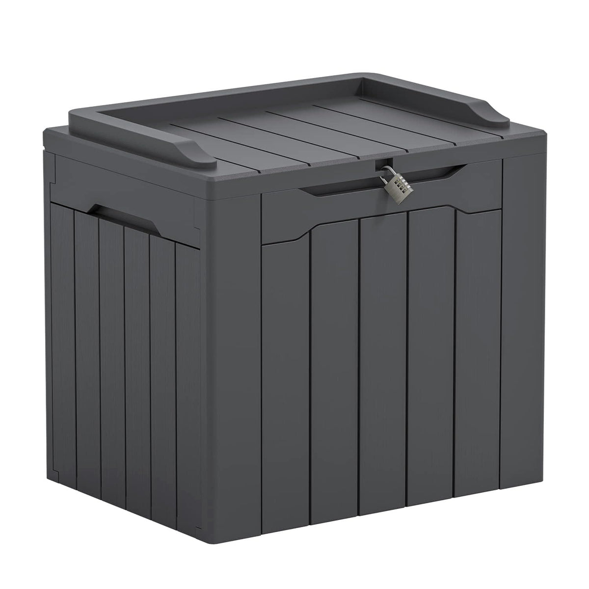 Greesum 31-gallon deck box with lid for weatherproof outdoor storage.