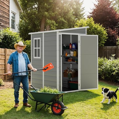 Greesum 5x4ft shed door with lock demonstrating secure storage capability.