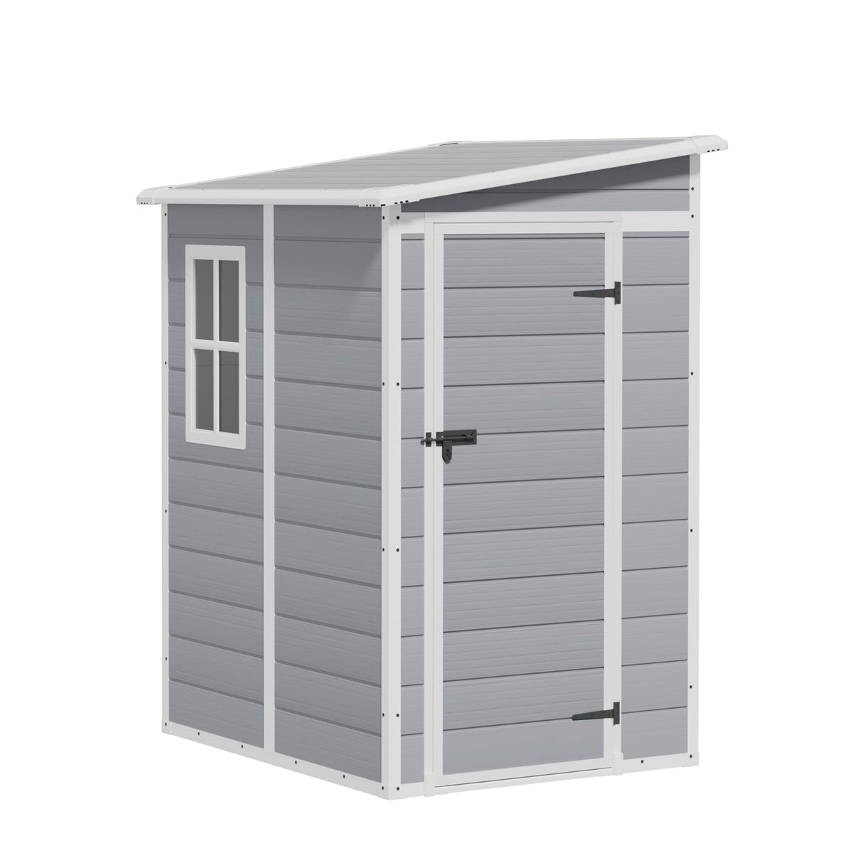 Greesum 5x4ft shed front view showing external design and footprint for garden storage.