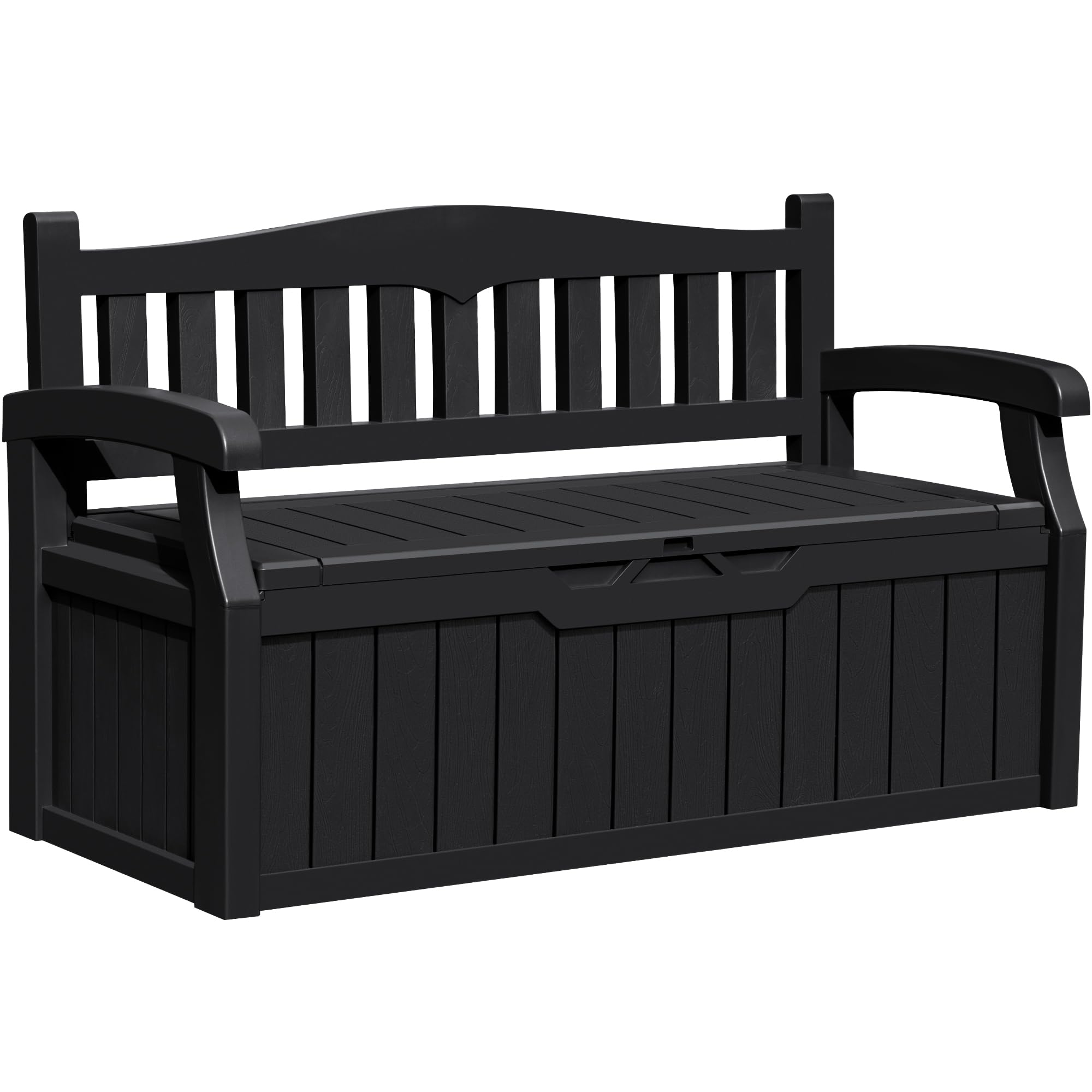 Greesum 80 gallon outdoor storage bench with lid open for easy access.