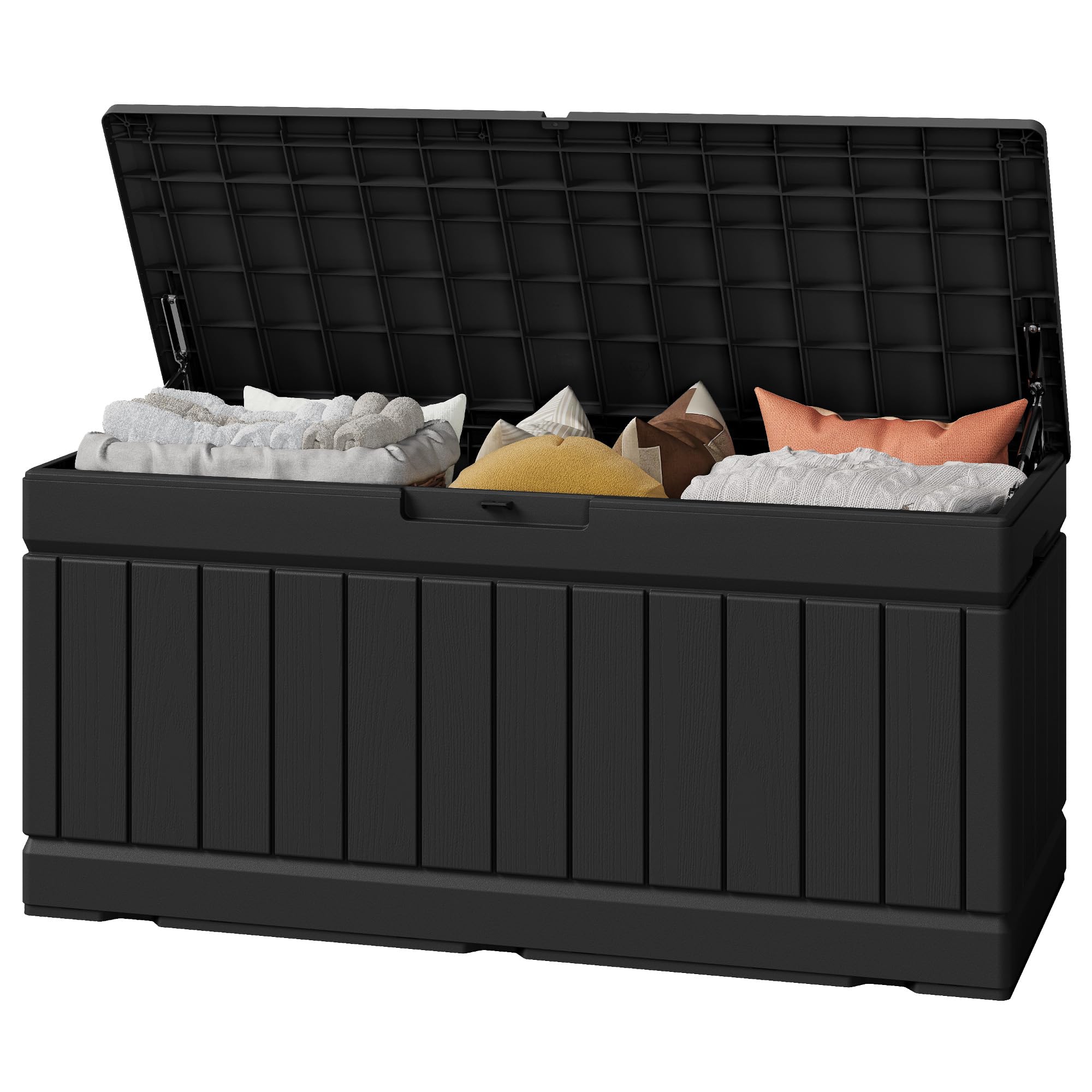 Greesum 82-gallon deck box with lid, weatherproof outdoor storage.