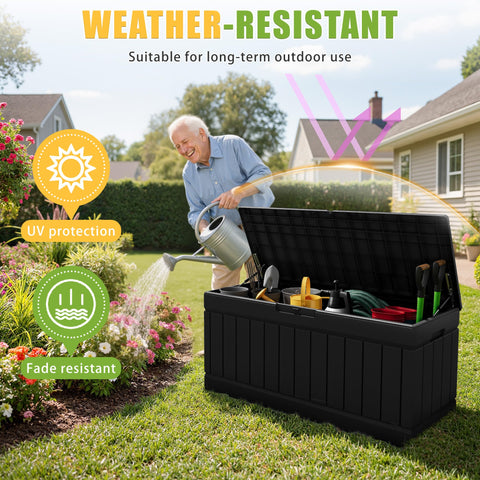 Greesum 82-gallon deck box with lockable lid adds security for items.