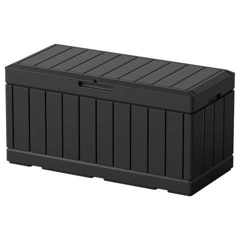Greesum 82-gallon deck box with open lid for outdoor storage.