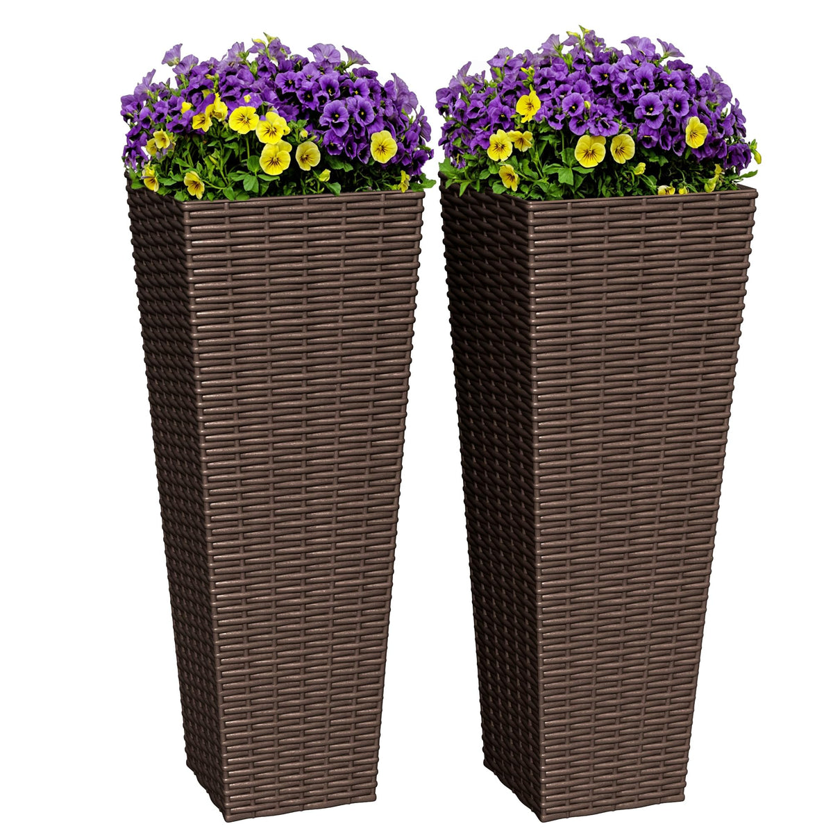 Greesum brown tall planter with rattan texture enhances outdoor decor