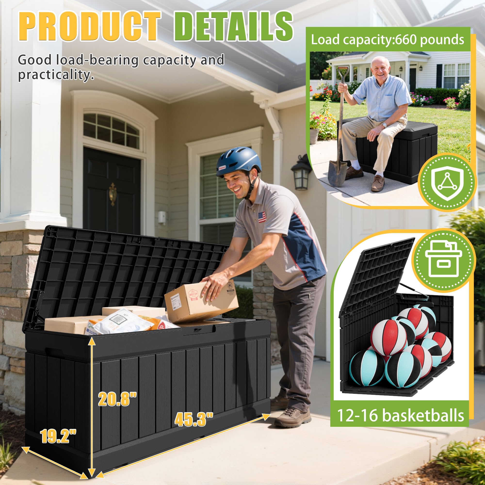 Greesum resin deck box measures 46 by 23 inches for fit.