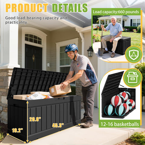 Greesum resin deck box measures 46 by 23 inches for fit.