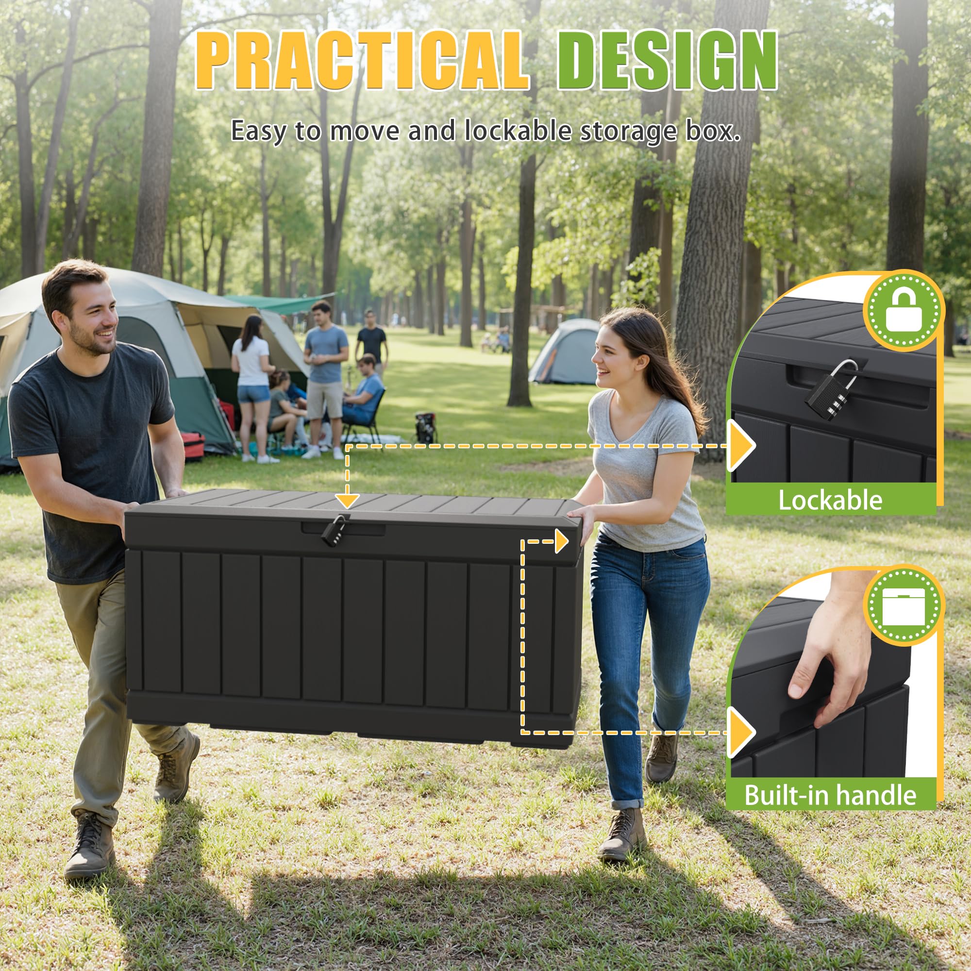 Greesum deck box doubles as outdoor seating for convenience.