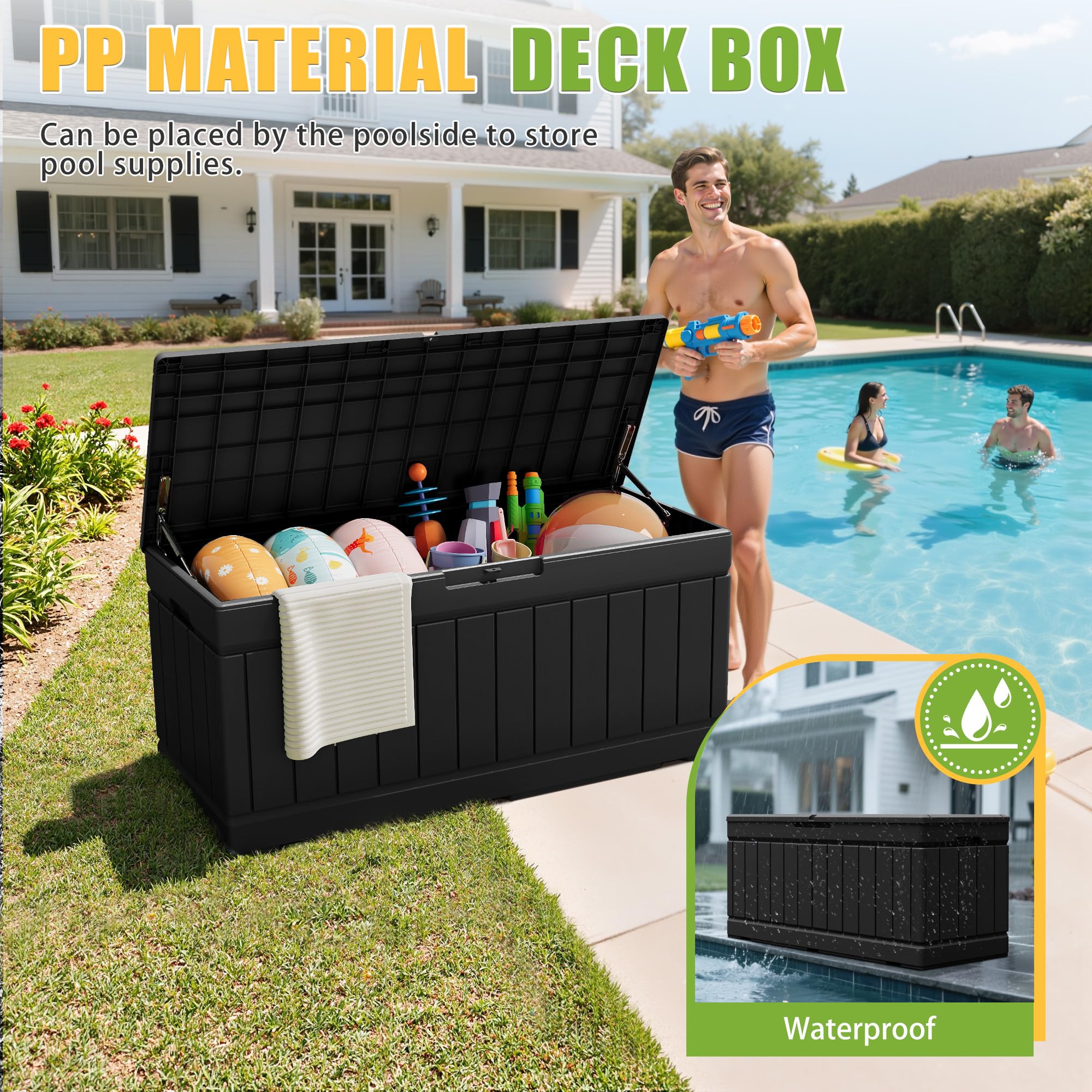 Greesum resin deck box resists water for patio storage and protection.