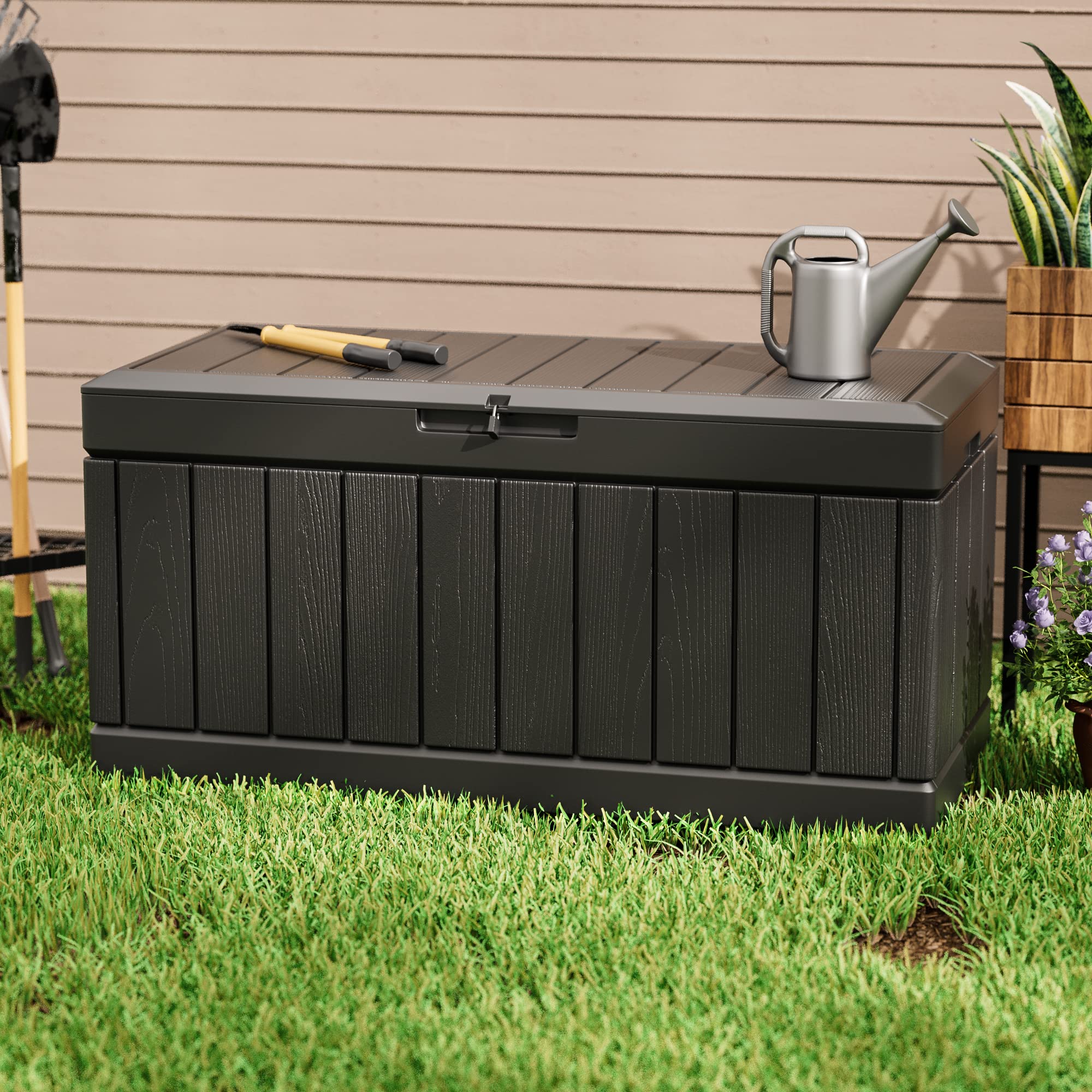 Greesum deck box woven pattern design enhances patio decor.