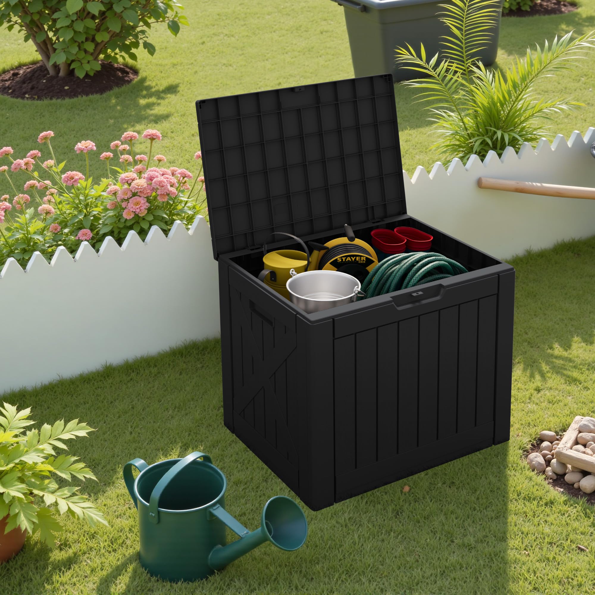 Greesum easy-assembly deck box for quick setup and use outdoors.