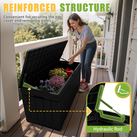 Greesum 82-gallon box stores garden tools and pool supplies.