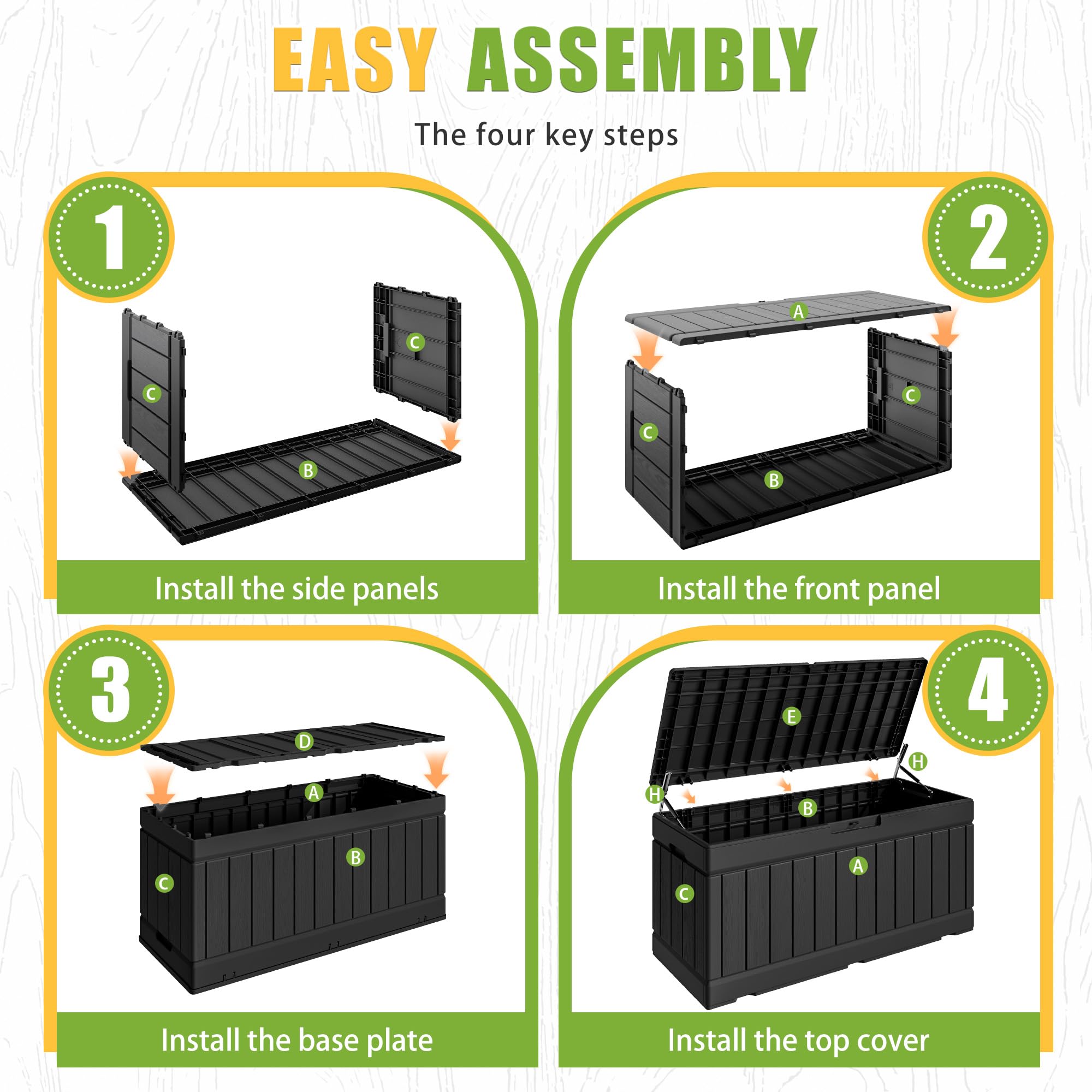 Greesum deck box includes tool kit and manual for easy setup.