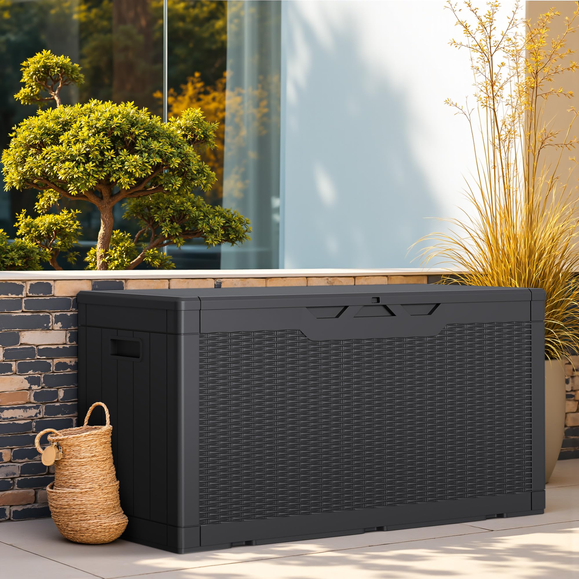 Greesum deck box with lockable lid for secure patio storage.
