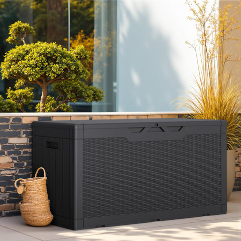 Greesum deck box with lockable lid for secure patio storage.