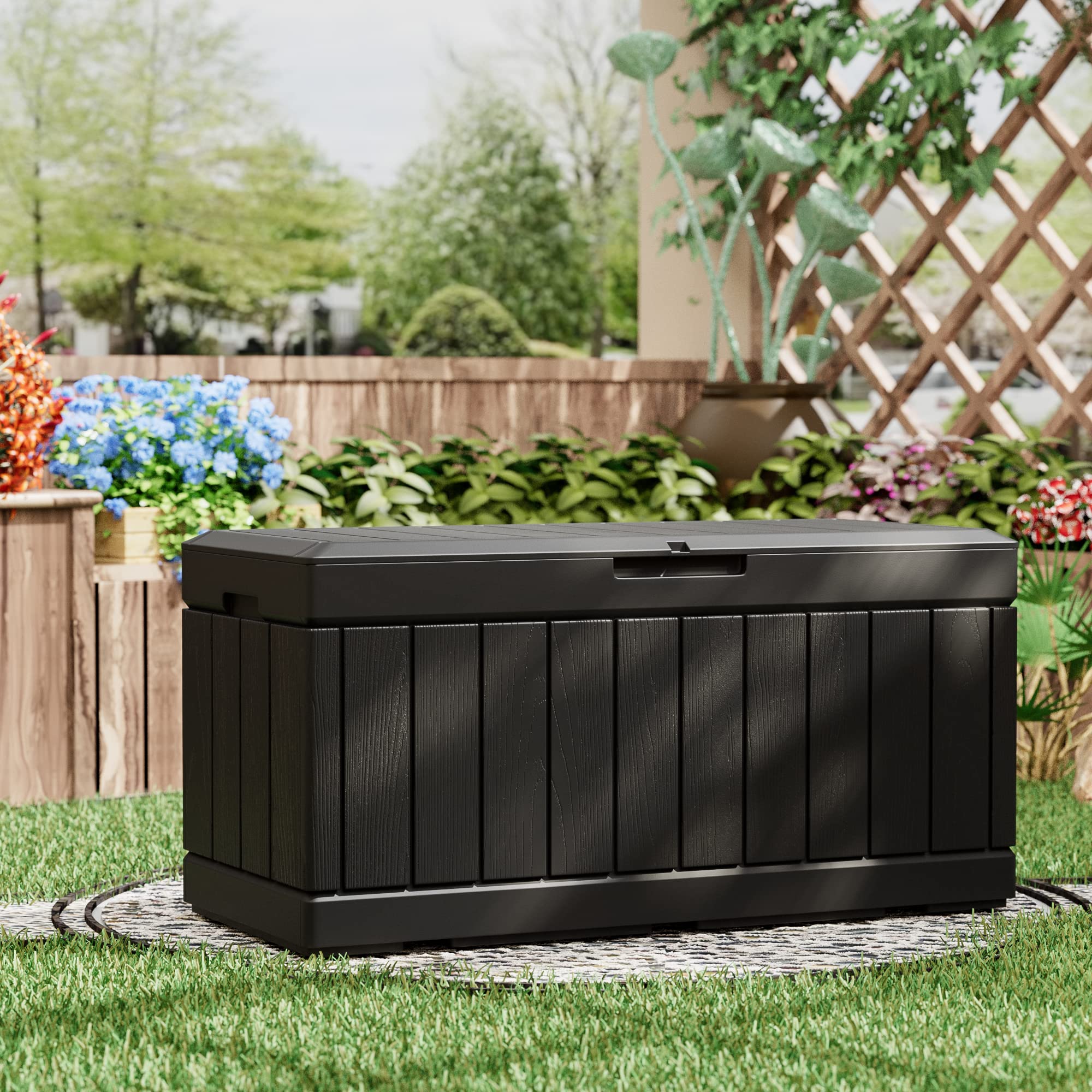 Greesum lockable storage box secures belongings during outdoor use.
