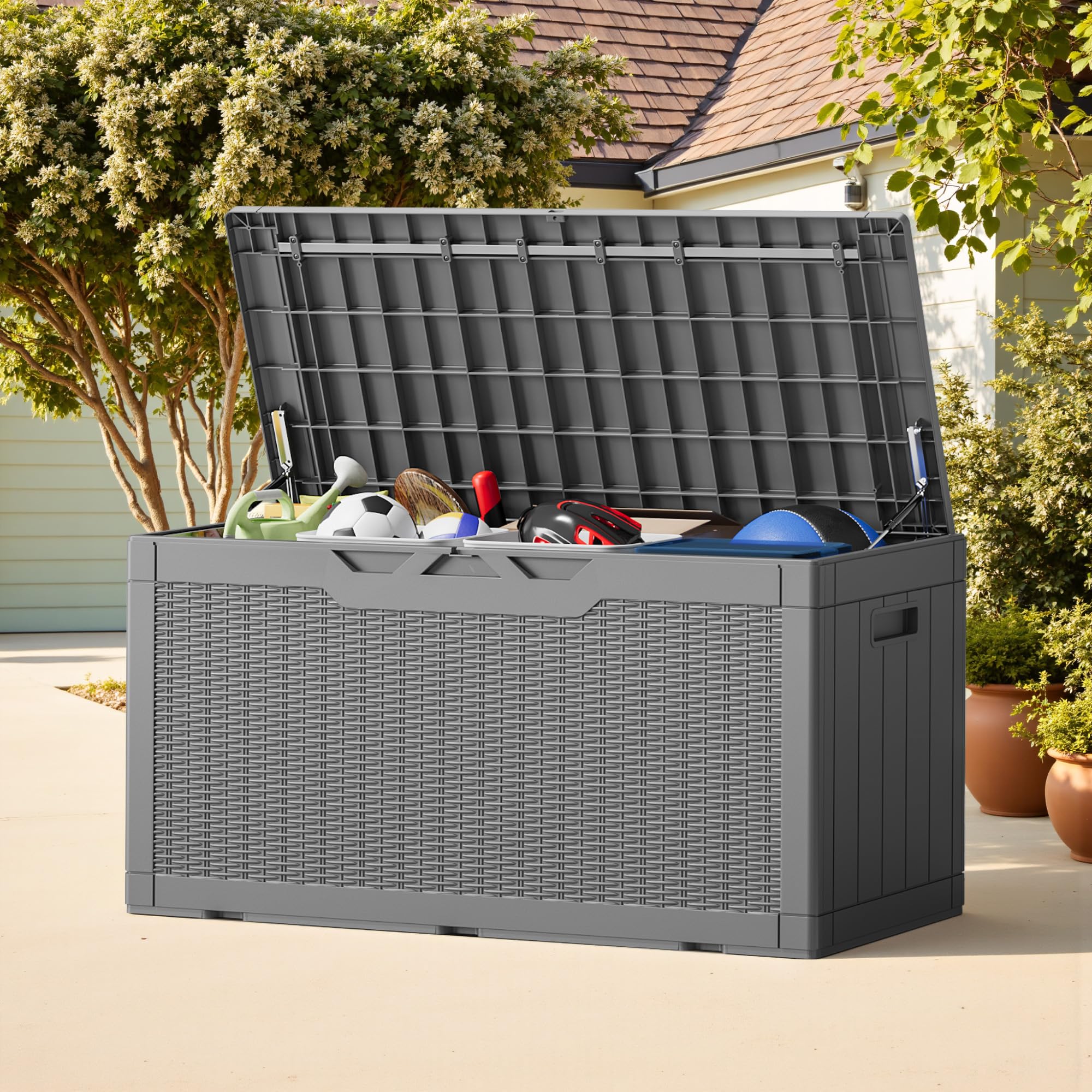 Greesum outdoor storage box used as table for outdoor meals