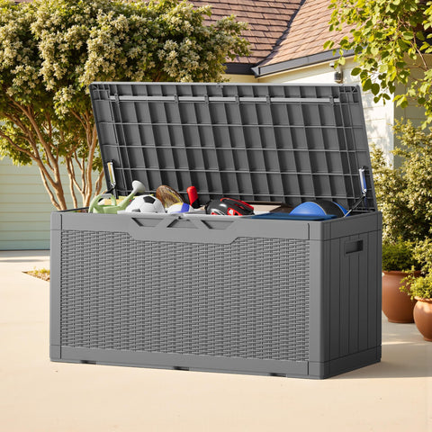 Greesum outdoor storage box used as table for outdoor meals