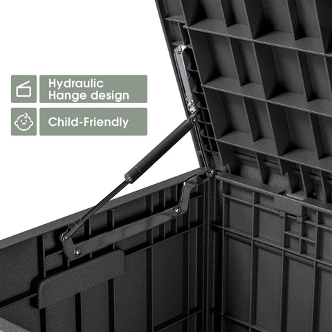 Greesum outdoor storage on patio keeps tools and toys organized.