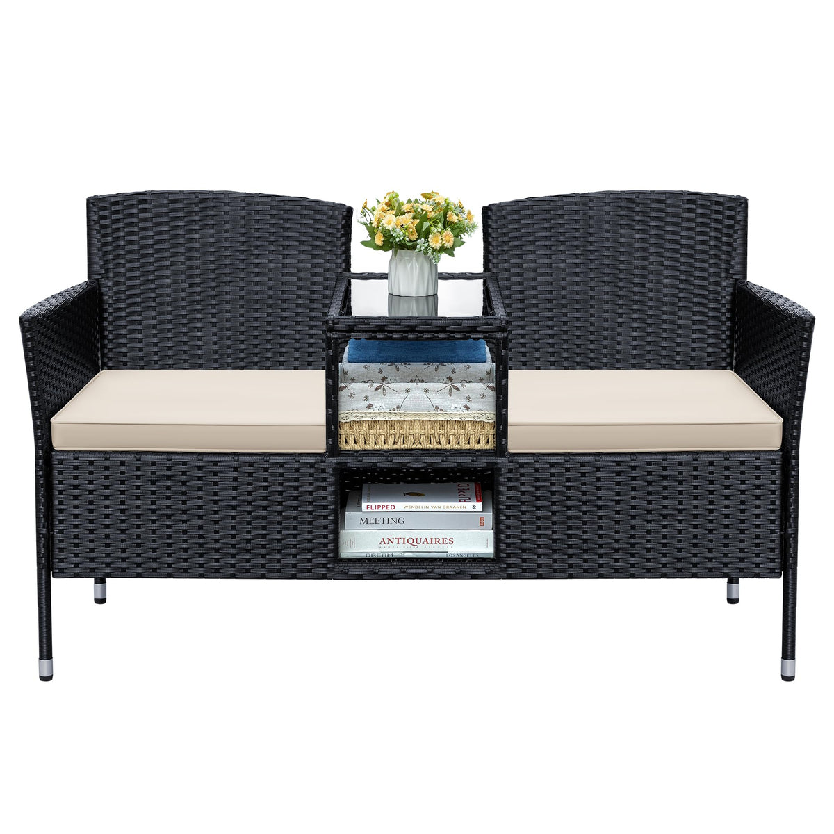 Greesum patio loveseat built-in coffee table for convenient outdoor lounging.