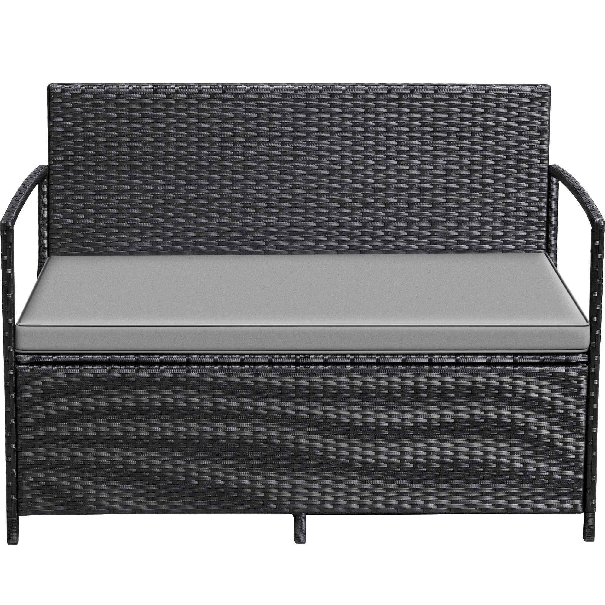 Greesum patio loveseat front view with black PE rattan and built-in storage.