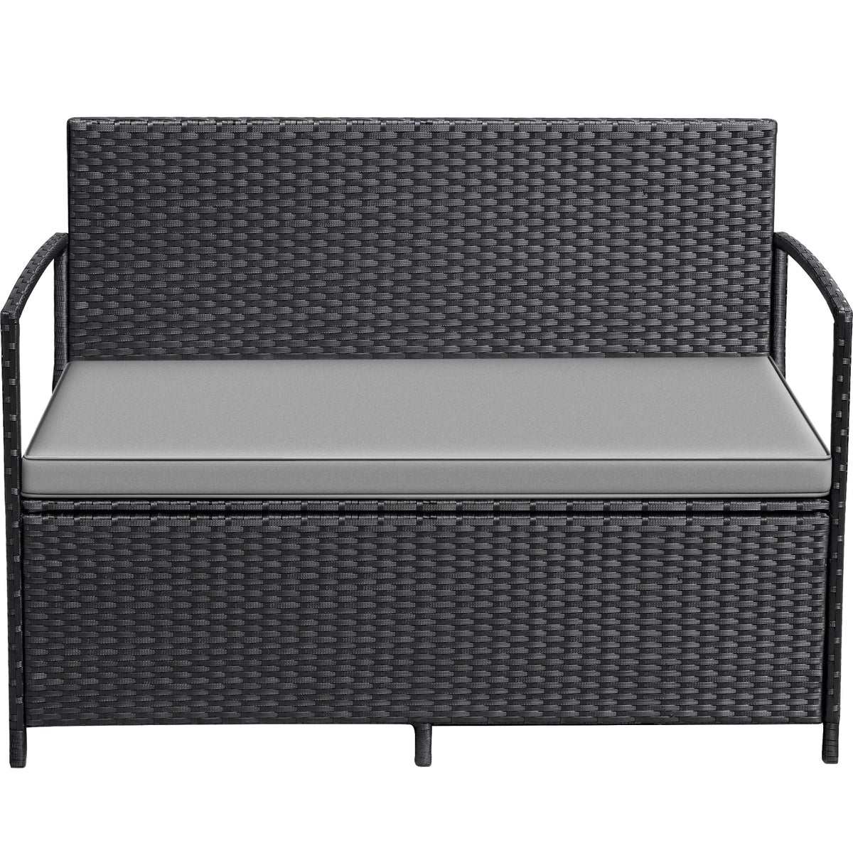 Greesum patio loveseat front view with black PE rattan and built-in storage.