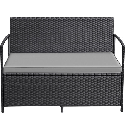Greesum patio loveseat front view with black PE rattan and built-in storage.