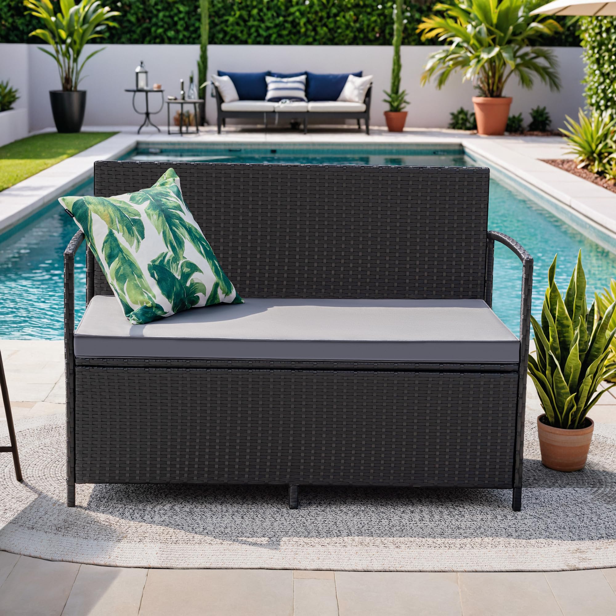 Greesum patio loveseat side view highlights compact size for small spaces.