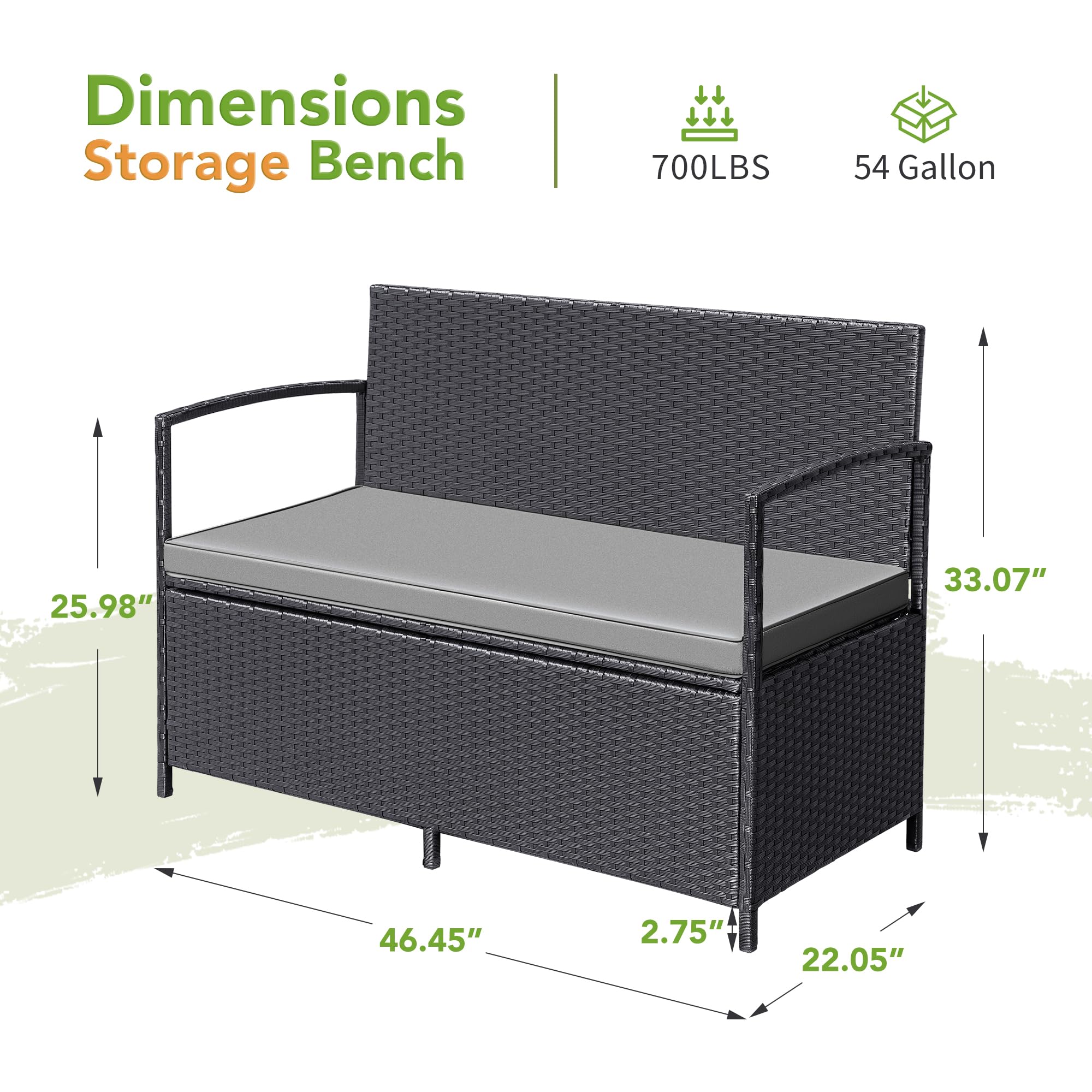Greesum storage under seat shows 1.15 cu ft capacity for cushions.