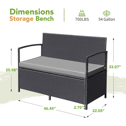 Greesum storage under seat shows 1.15 cu ft capacity for cushions.
