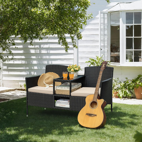 Greesum loveseat showing top and bottom storage for cushions and essentials.
