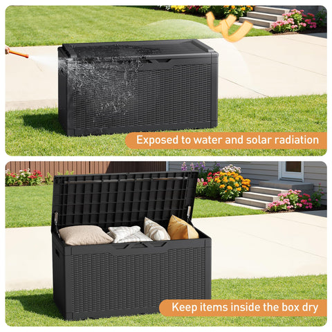 Greesum removable cushion deck box doubles as comfortable seating.
