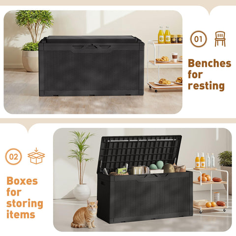 Greesum table-ready deck box creates a sturdy outdoor surface.
