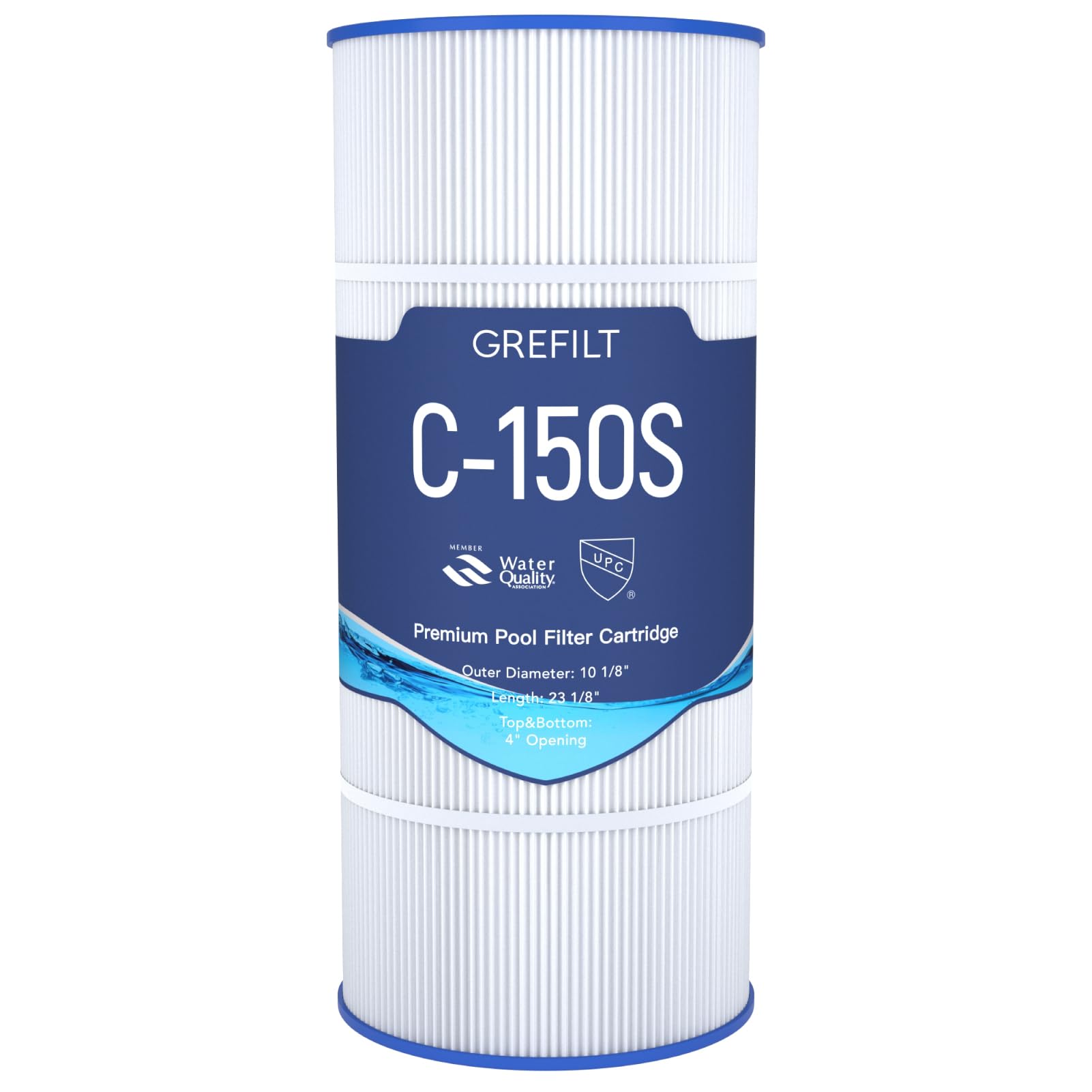 Grefilt C150S pool filter cartridge beside Hayward CX150XRE for compatible filtration
