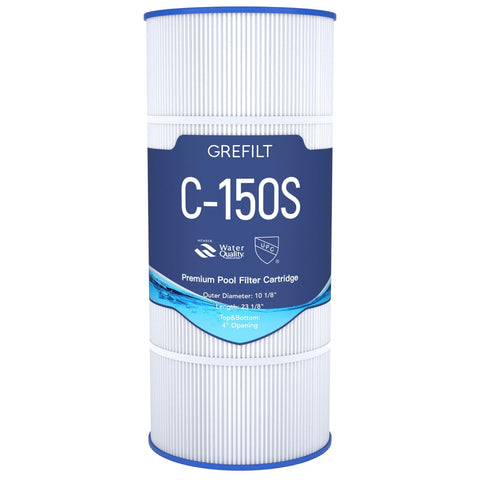 Grefilt C150S pool filter cartridge beside Hayward CX150XRE for compatible filtration