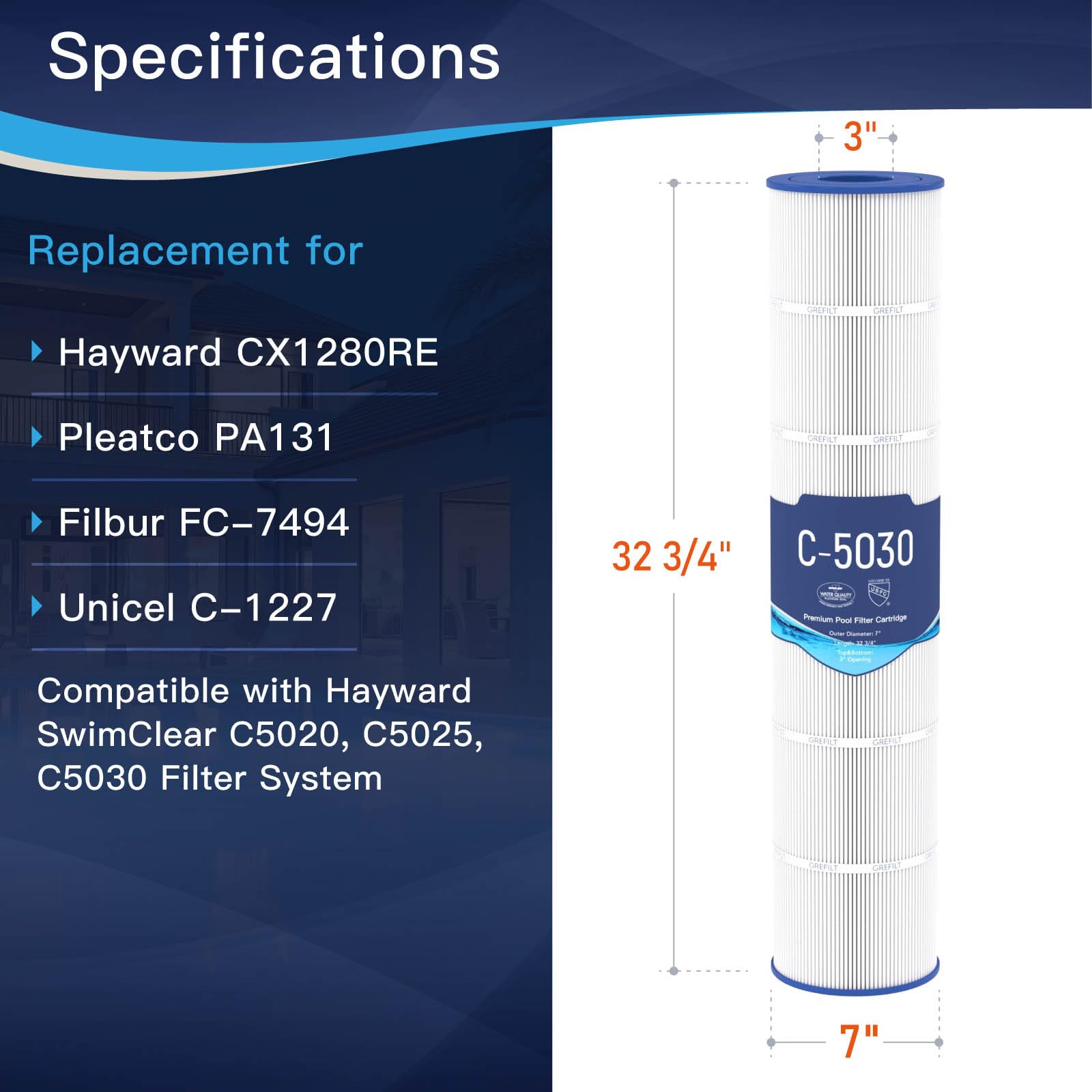 Grefilt C5030 compatibility with Hayward SwimClear highlights versatile pool filtering.