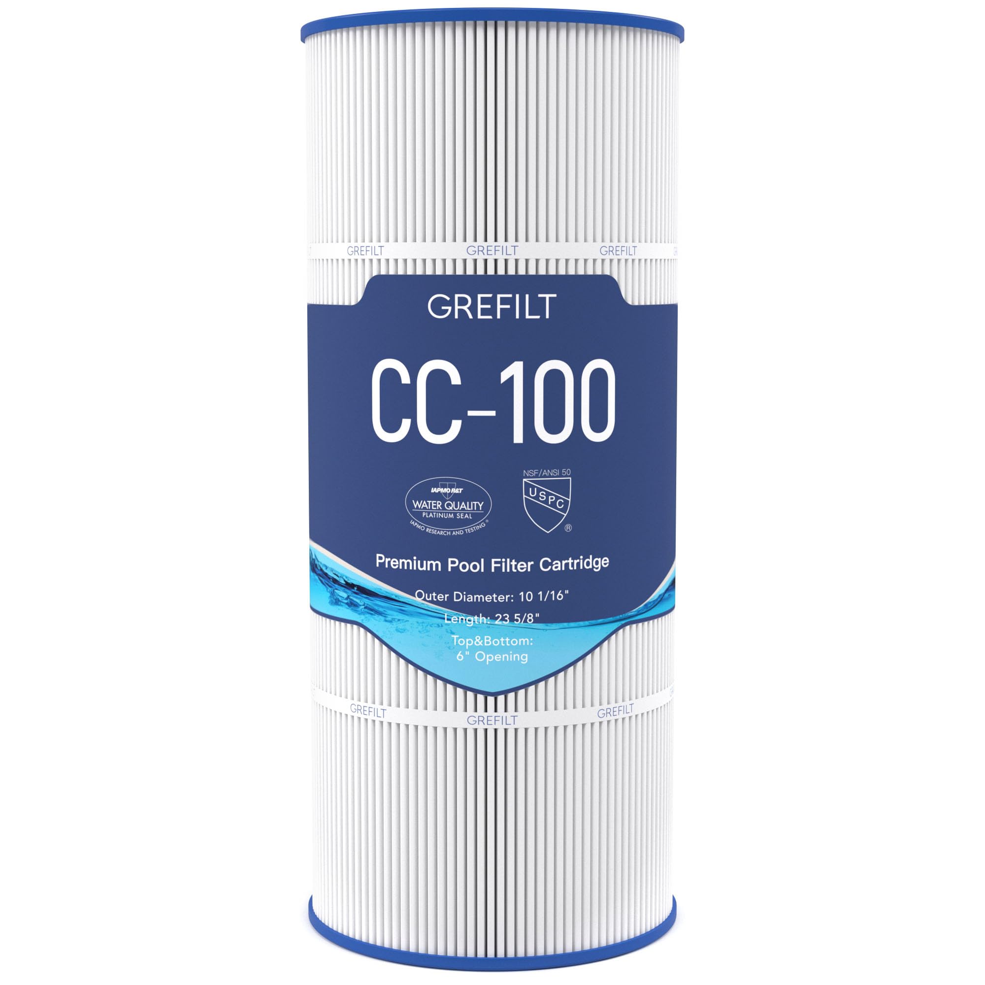Grefilt CC100 pool filter cartridge side view highlights durable 5 oz fabric
