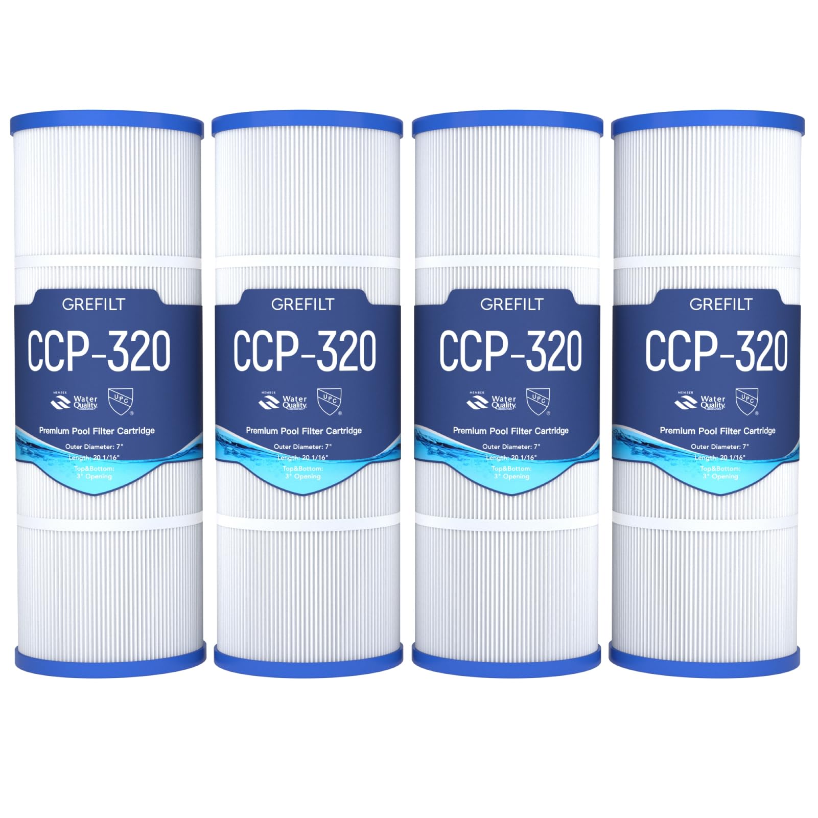 Grefilt CCP320 pool filter cartridge image shows 320 sq ft filtration for clear water.